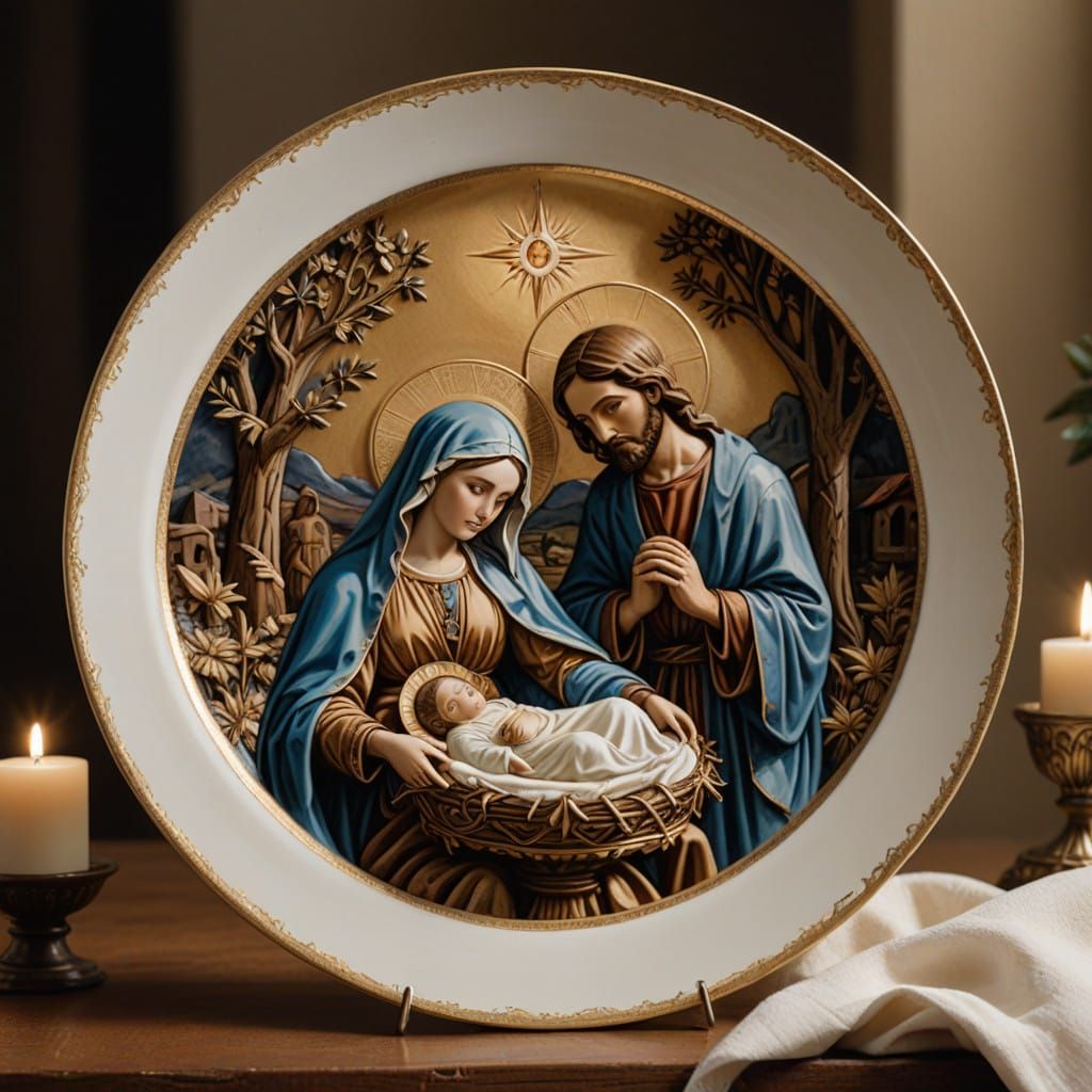 Vintage-Style Nativity Scene on Delicate Ceramic Plate
