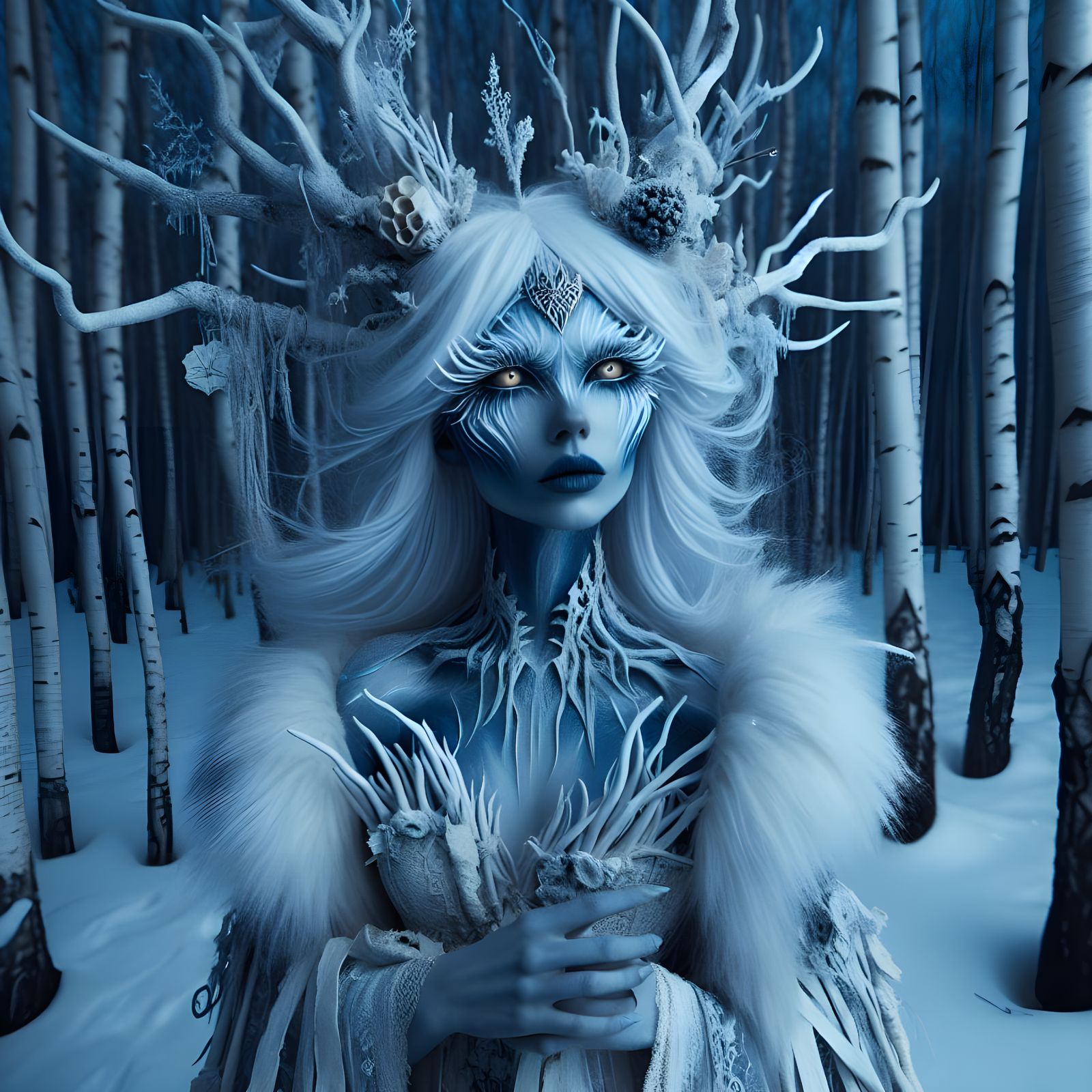 Eerie Ice Queen in Snowy Birch Forest