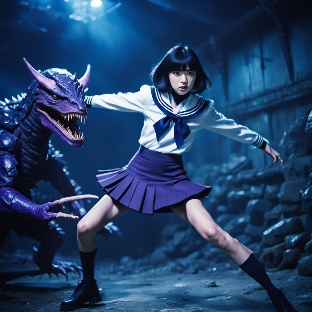 Sailor Saturn Battles Monster in Lair: Cinematic Film Still