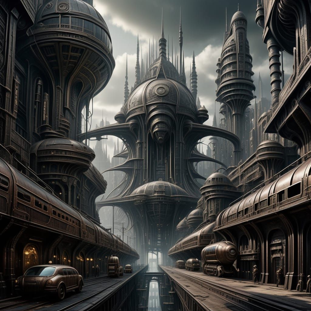 Steampunk Metropolis Cityscape with Metallic Patinas