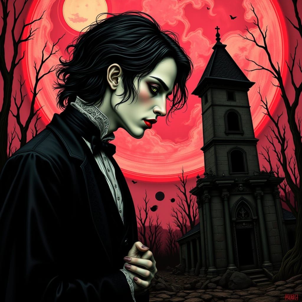 Young Man Stands Alone in a Desolate, Gothic Landscape