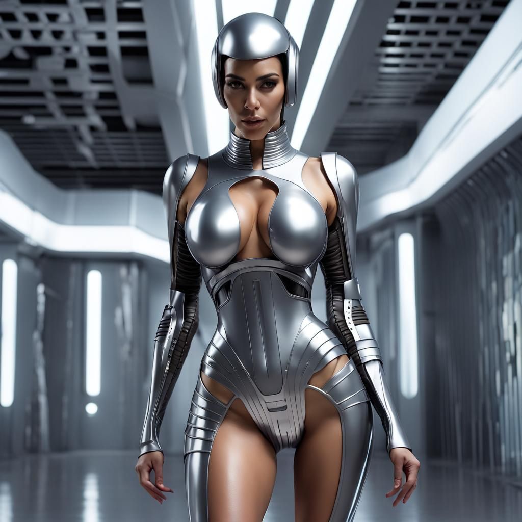 Kim Kardashian wear tight robotic zentai suit. Futuristc helmet, Set in futuristic building. Art inspiration by Greg Rut...