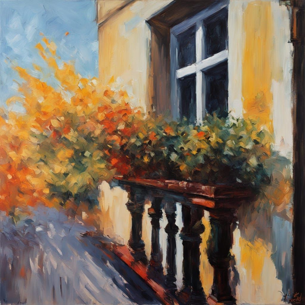 Vibrant Neo-Impressionist Oil Painting of a Small Balcony Sc...