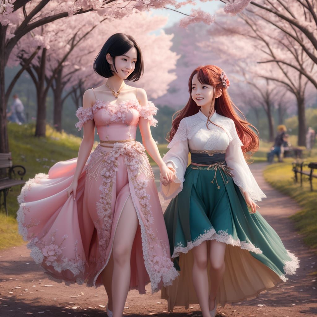 Two Friends Strolling Through Cherry Blossoms in 3D Anime St...