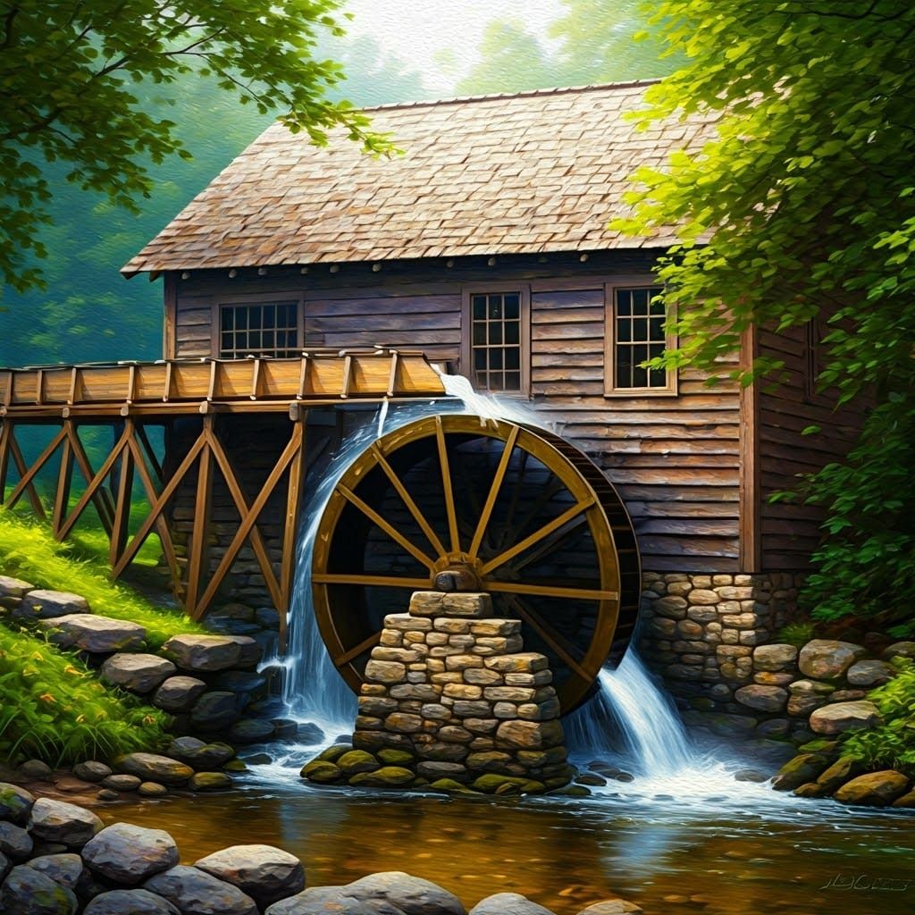 Rustic Water Wheel in a Serene Countryside Oil Painting