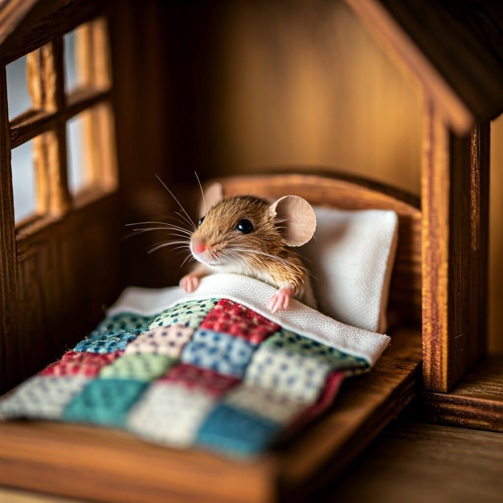 Miniature Mouse in Cozy Dollhouse Bed