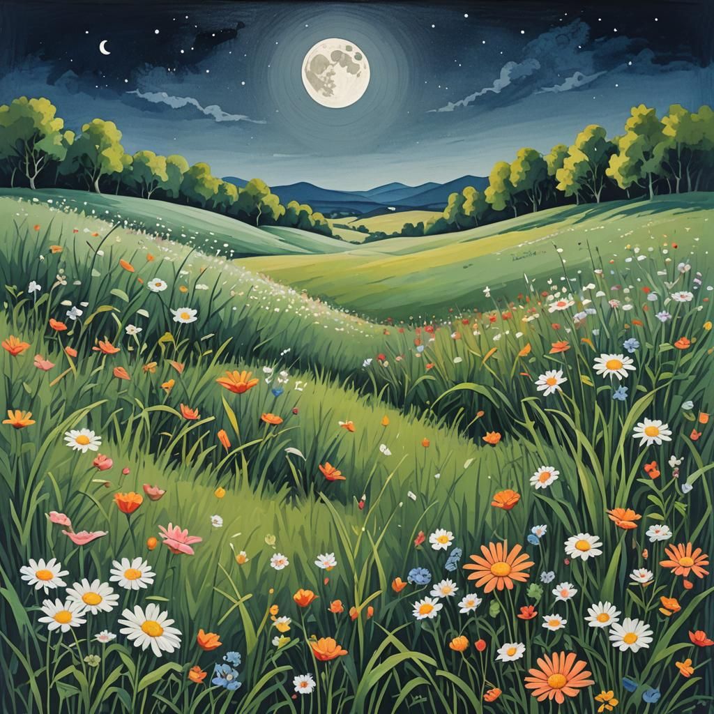 Gouache Painting of Moonlit Floral Meadow