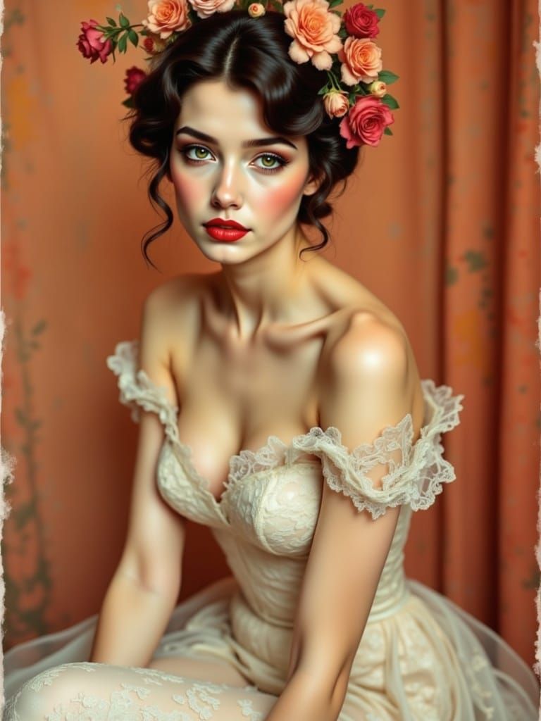 Elegant Woman in Vintage Lace Gown