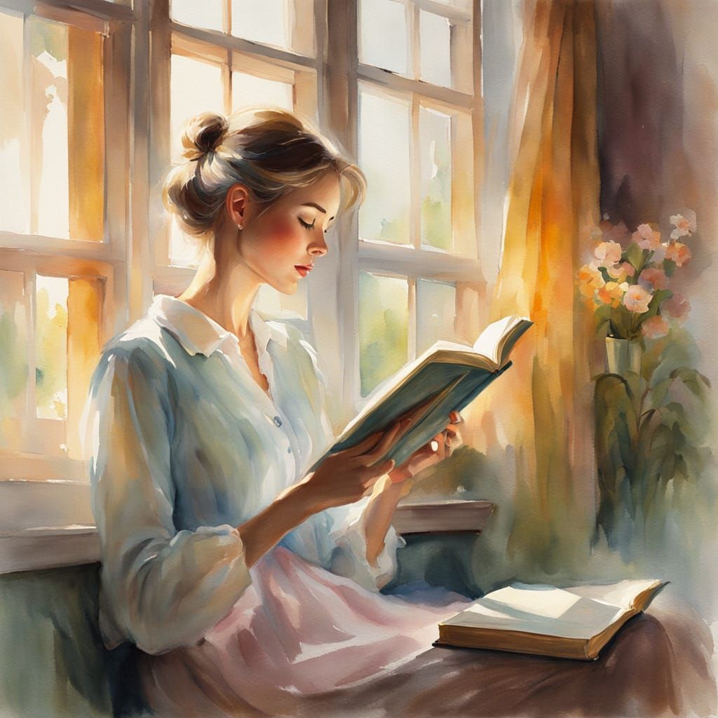 Lady Reading Book by Window in Watercolour