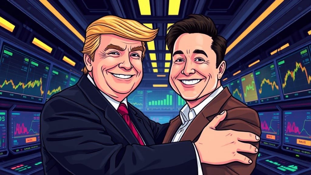 Trump and Musk Embrace in Retro Pop Art Style