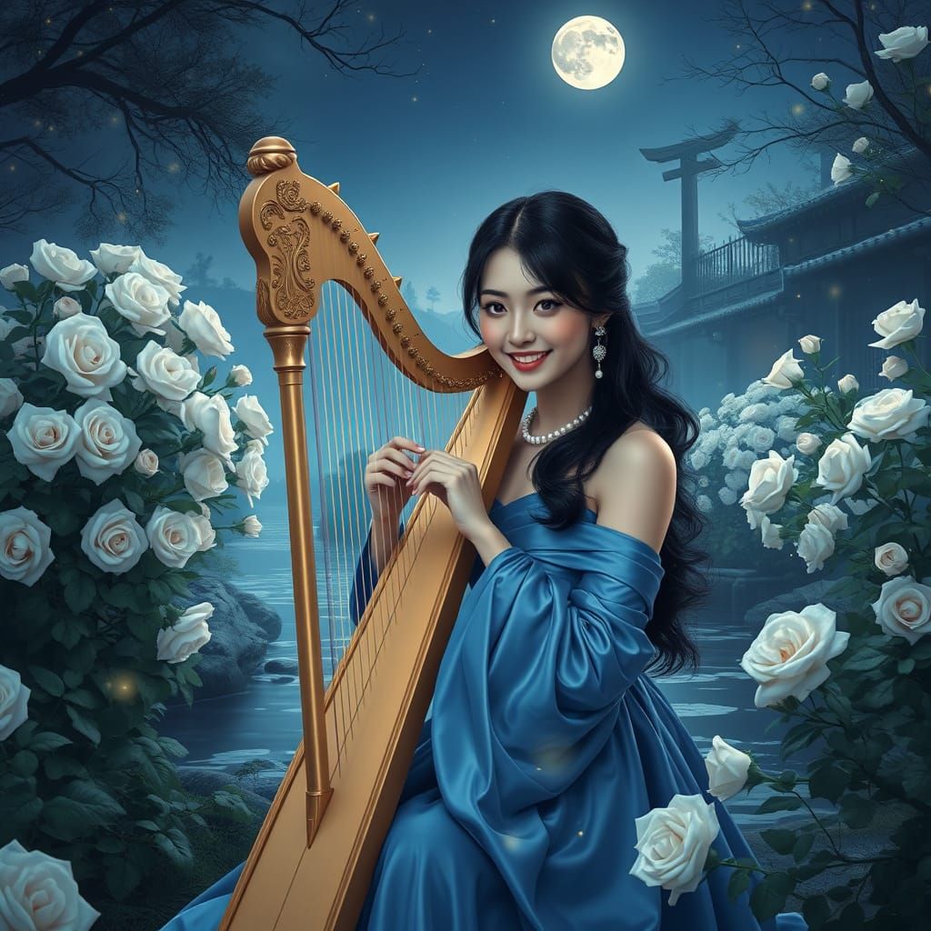 Asian Woman Playing Harp in Rose Garden