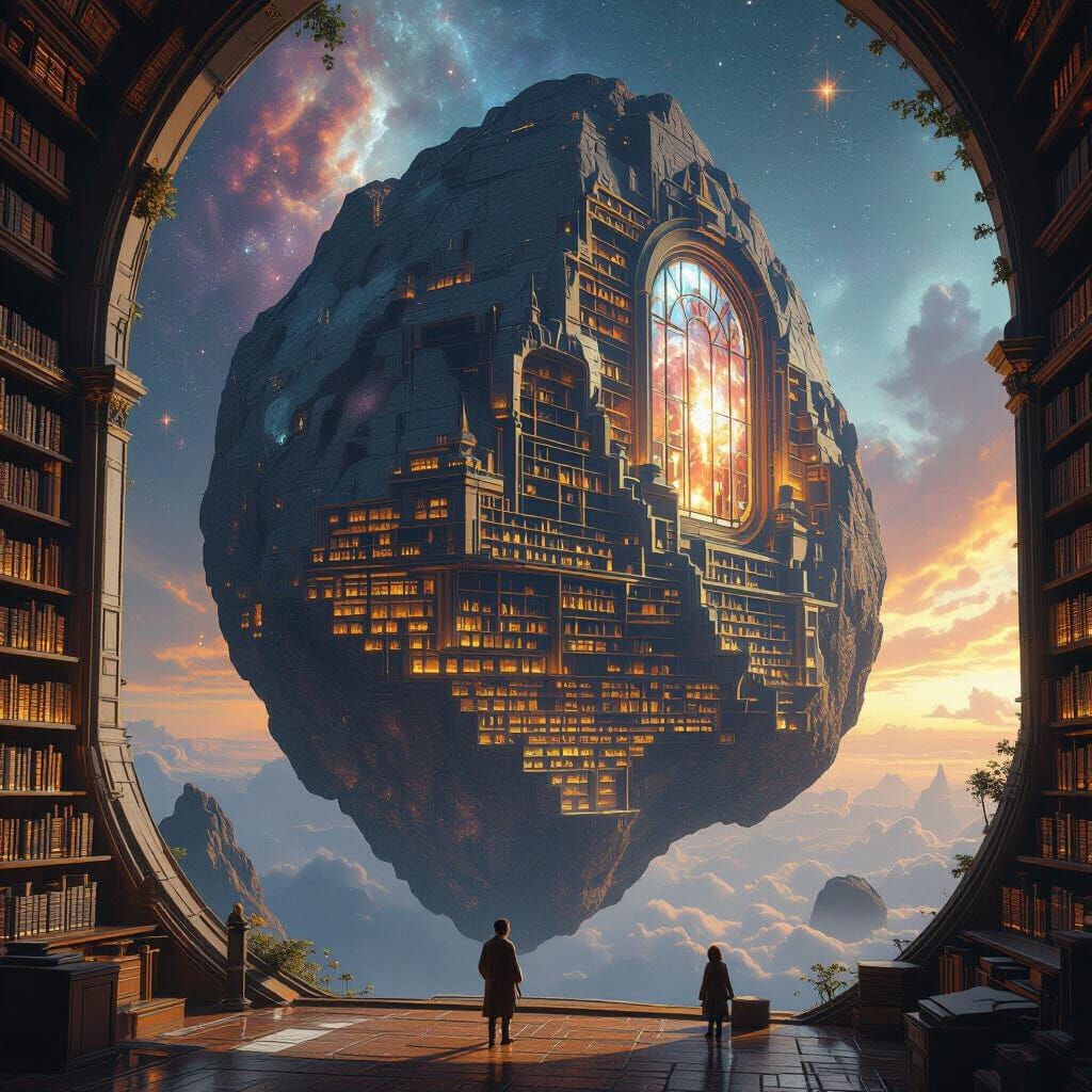 Cosmic Library Carved in Asteroid, Futuristic Style