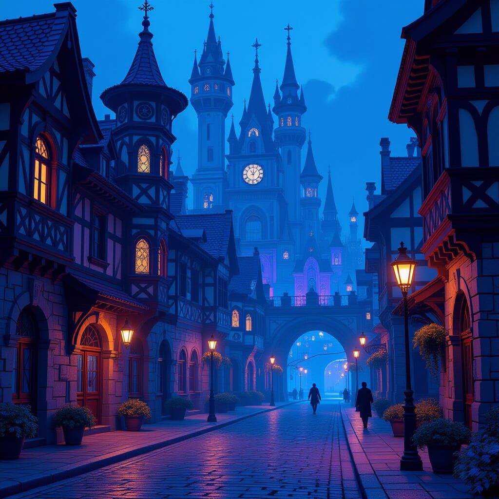 Fantasy Street Scene with Blue, Purple, and Gold Lighting