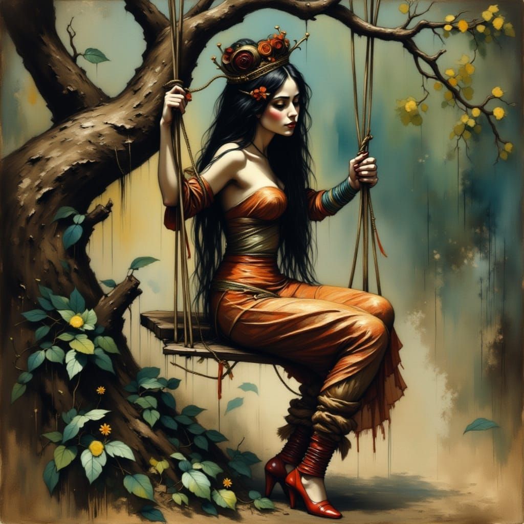 Surreal Gypsy Queen on a Mystical Tree Swing