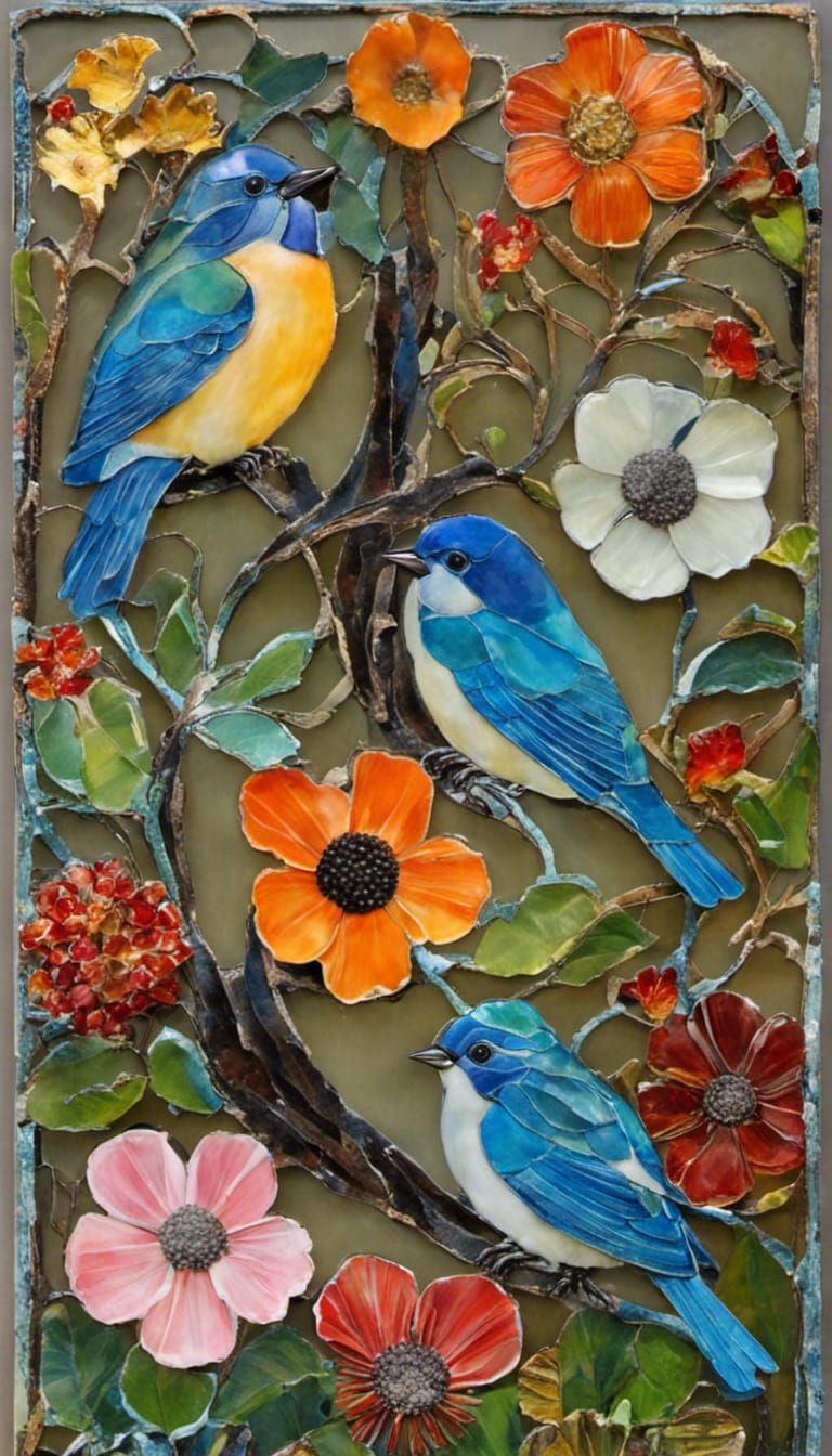 Art Nouveau Collage of Nature from Recycled Glass