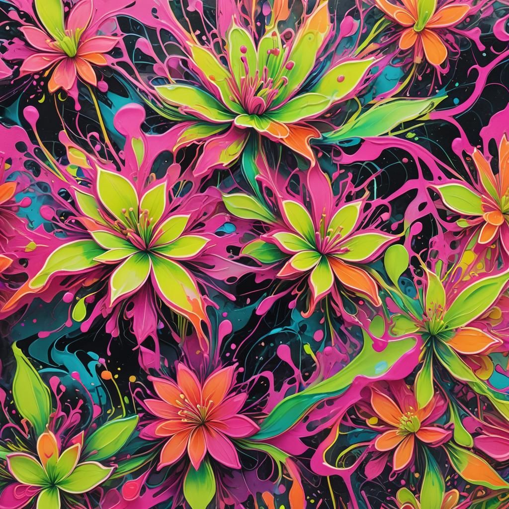 Neon Floral Explosion in Graffiti Art Style