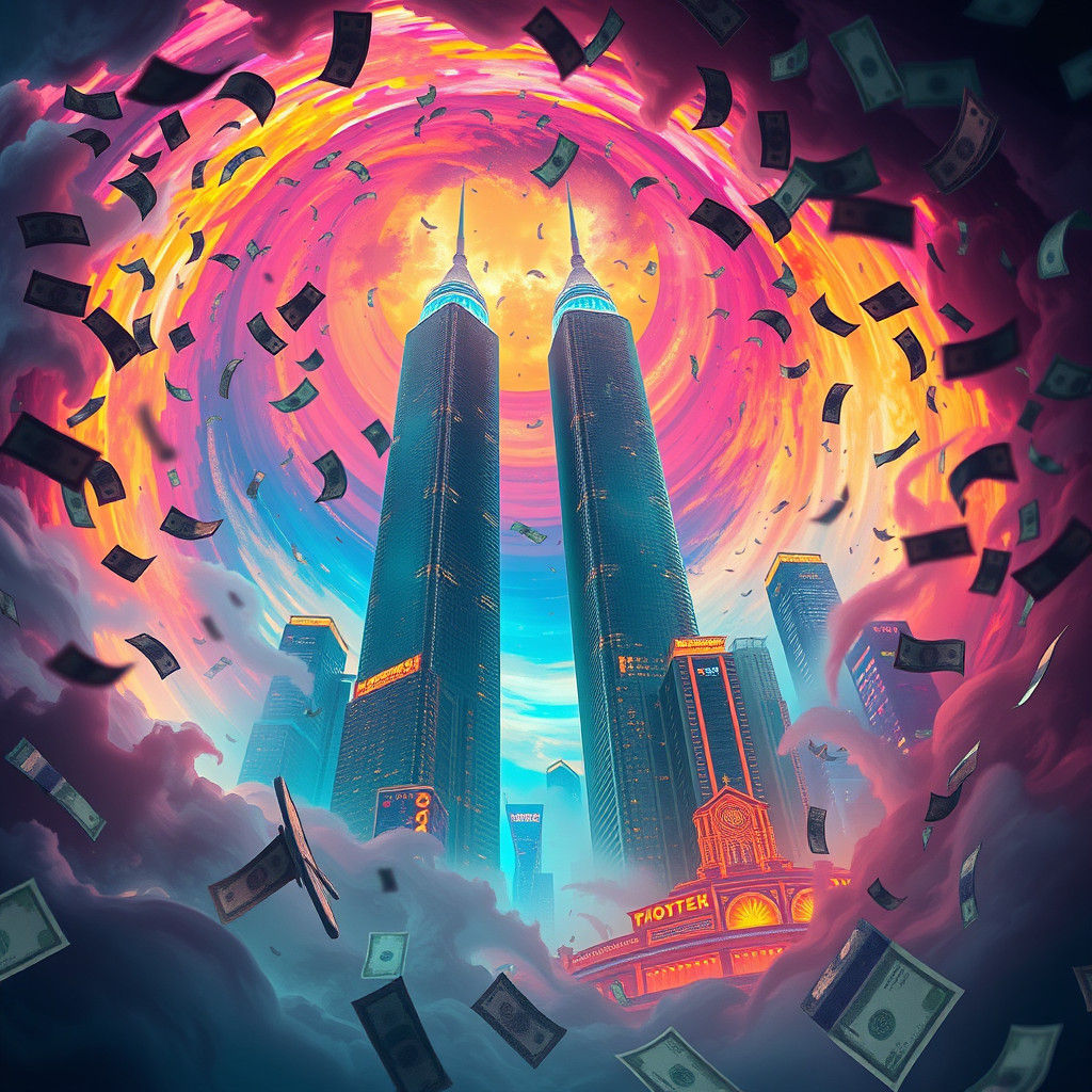 Vibrant Cash Vortex with Art Deco Towers