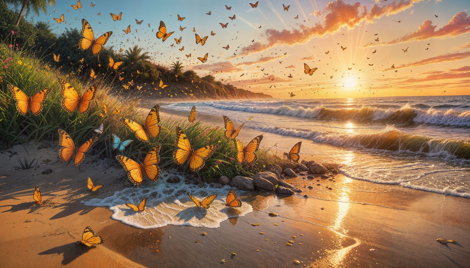 Colorful Sunset Beach Landscape in Gouache Style