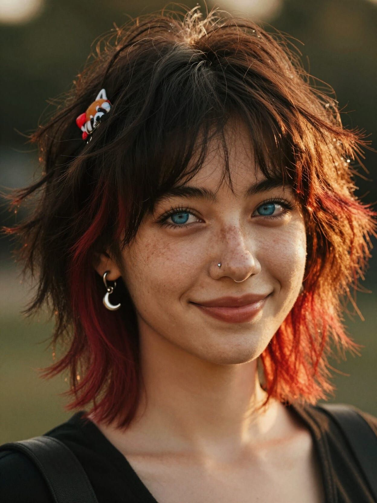 Young Woman with Red Streaked Bob and Freckles