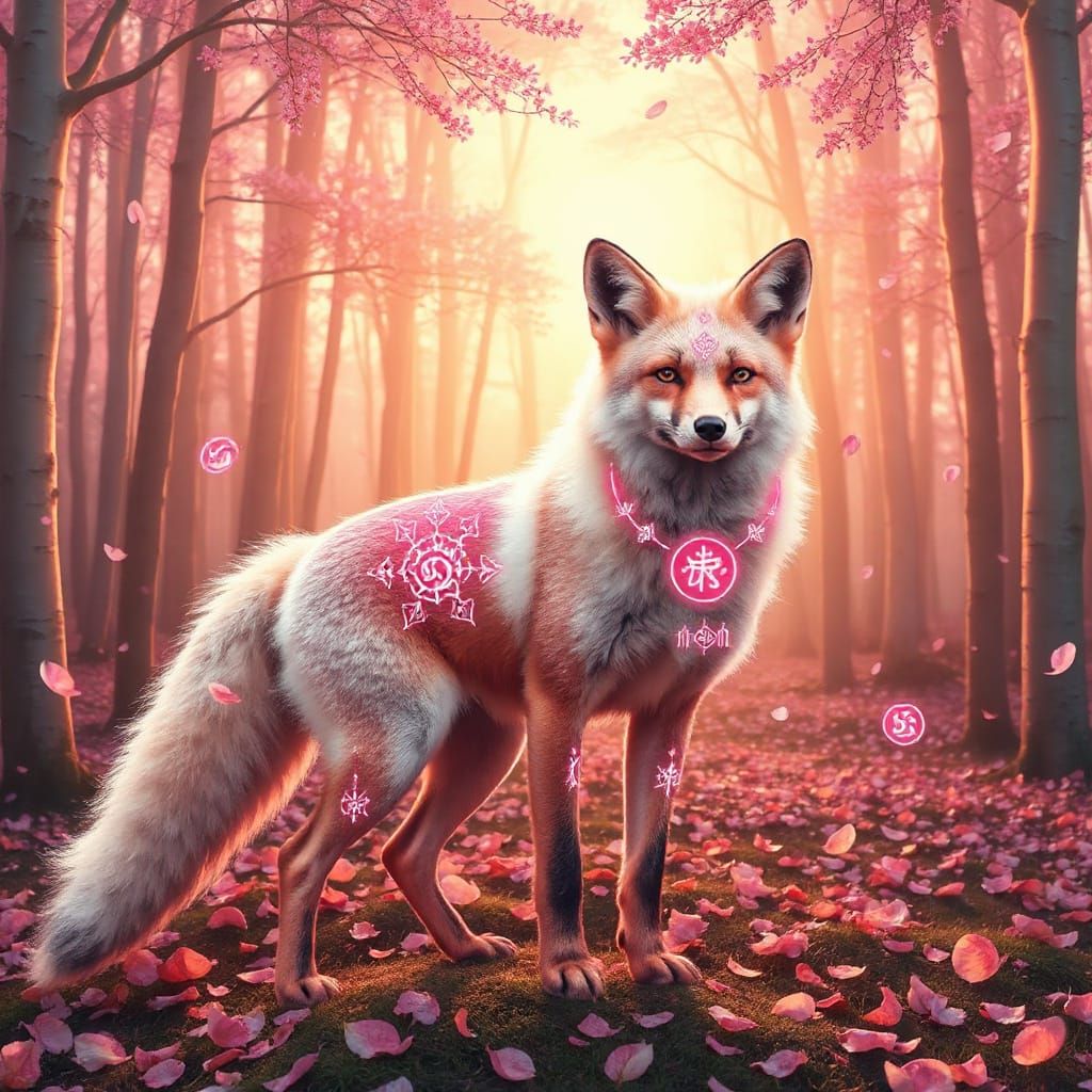 Majestic Fox with Luminous Pink and White Fur in Enchanted F...