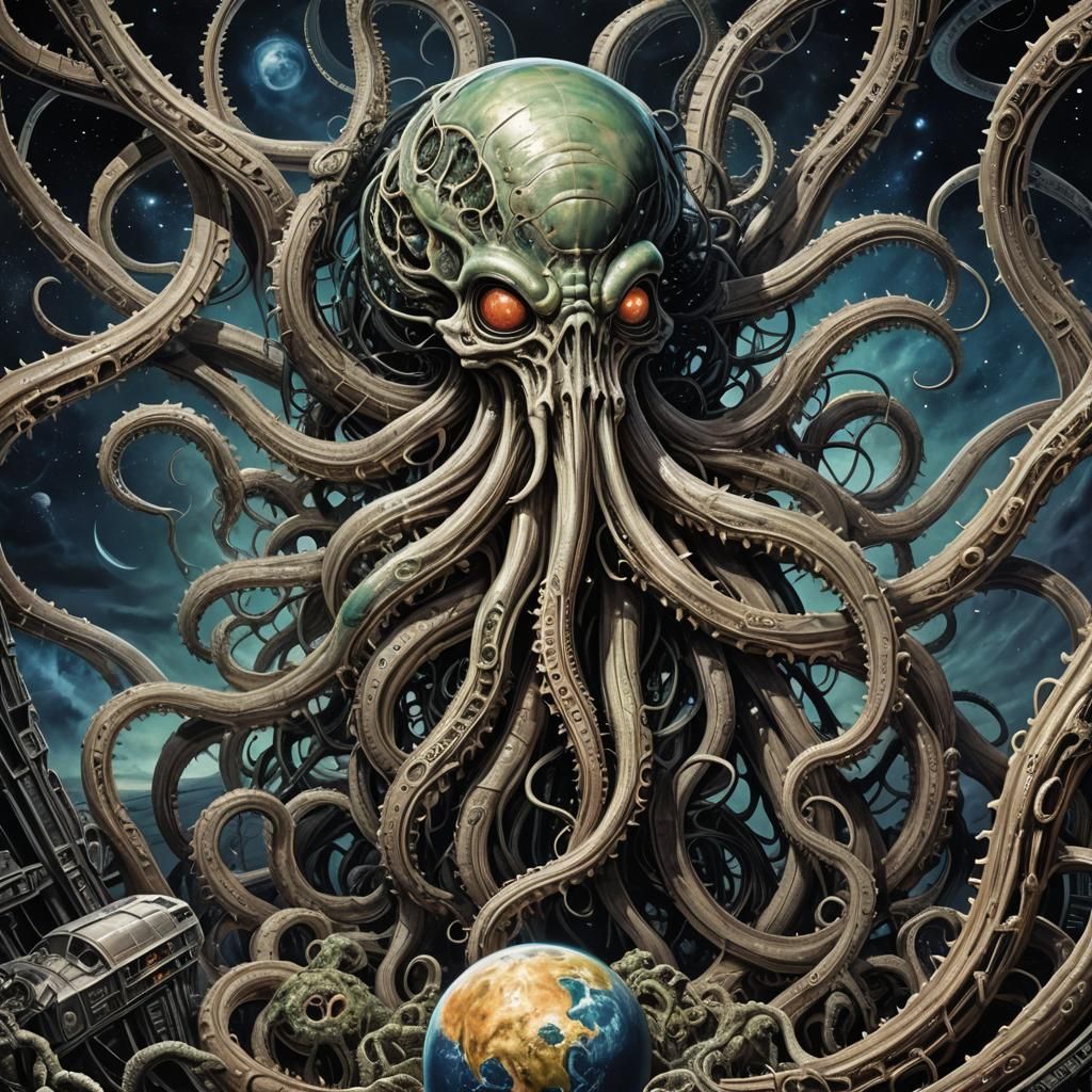 Eldritch horror in space crushing the earth with its tentacl...