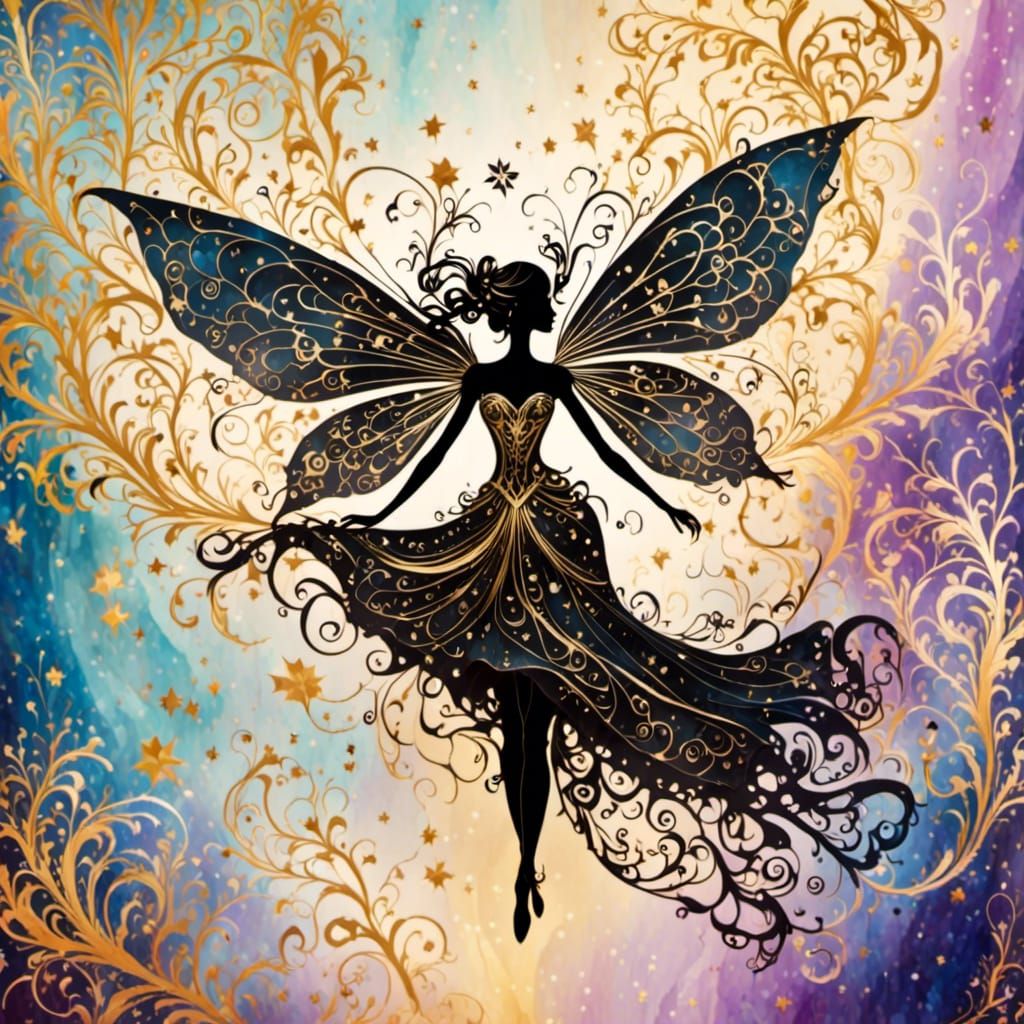 Fairy Silhouette on Pastel Ethereal Watercolor Background