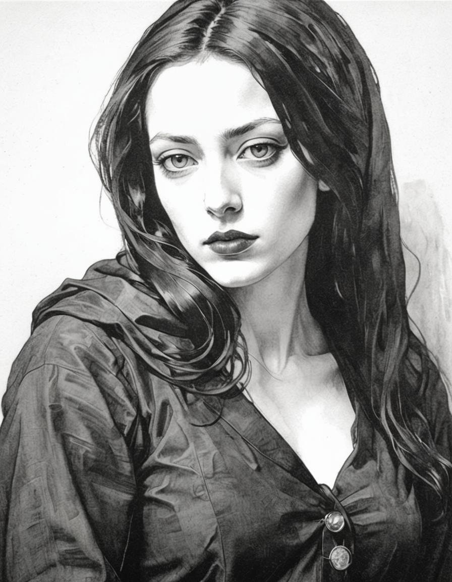 Elegant Goth Girl Portrait in Organic Line Drawing