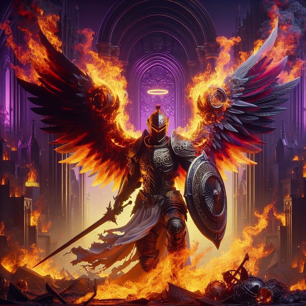Flaming Armored Angel in Dark Fantasy Scene