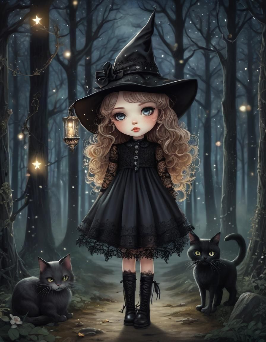 Chibi Witch Portrait with Cat in Burtonesque Style
