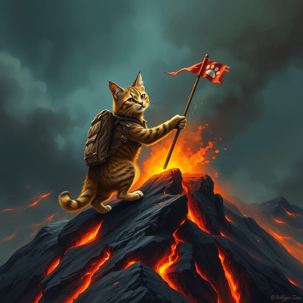 Fearless Feline Conqueror Plants Flag on Fiery Volcano Summi...