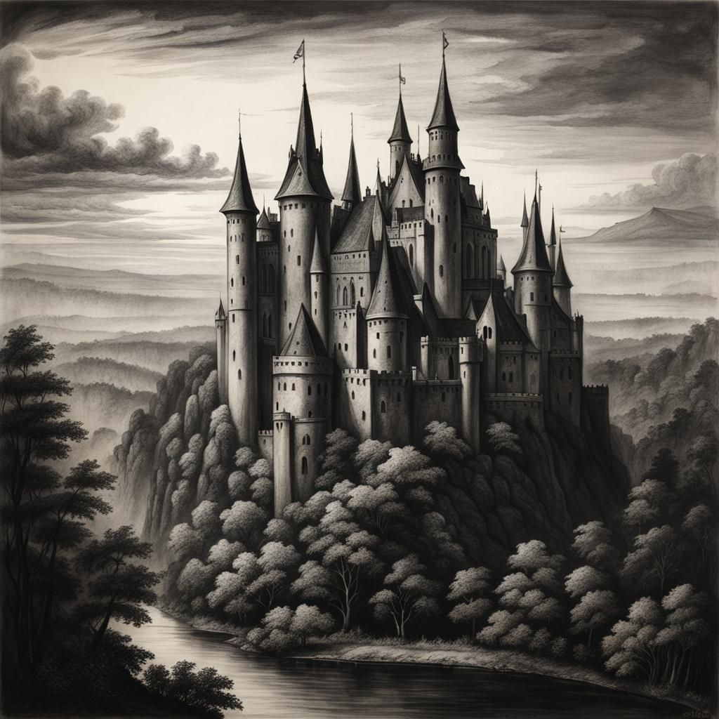 Gothic Castle Charcoal Drawing from Above