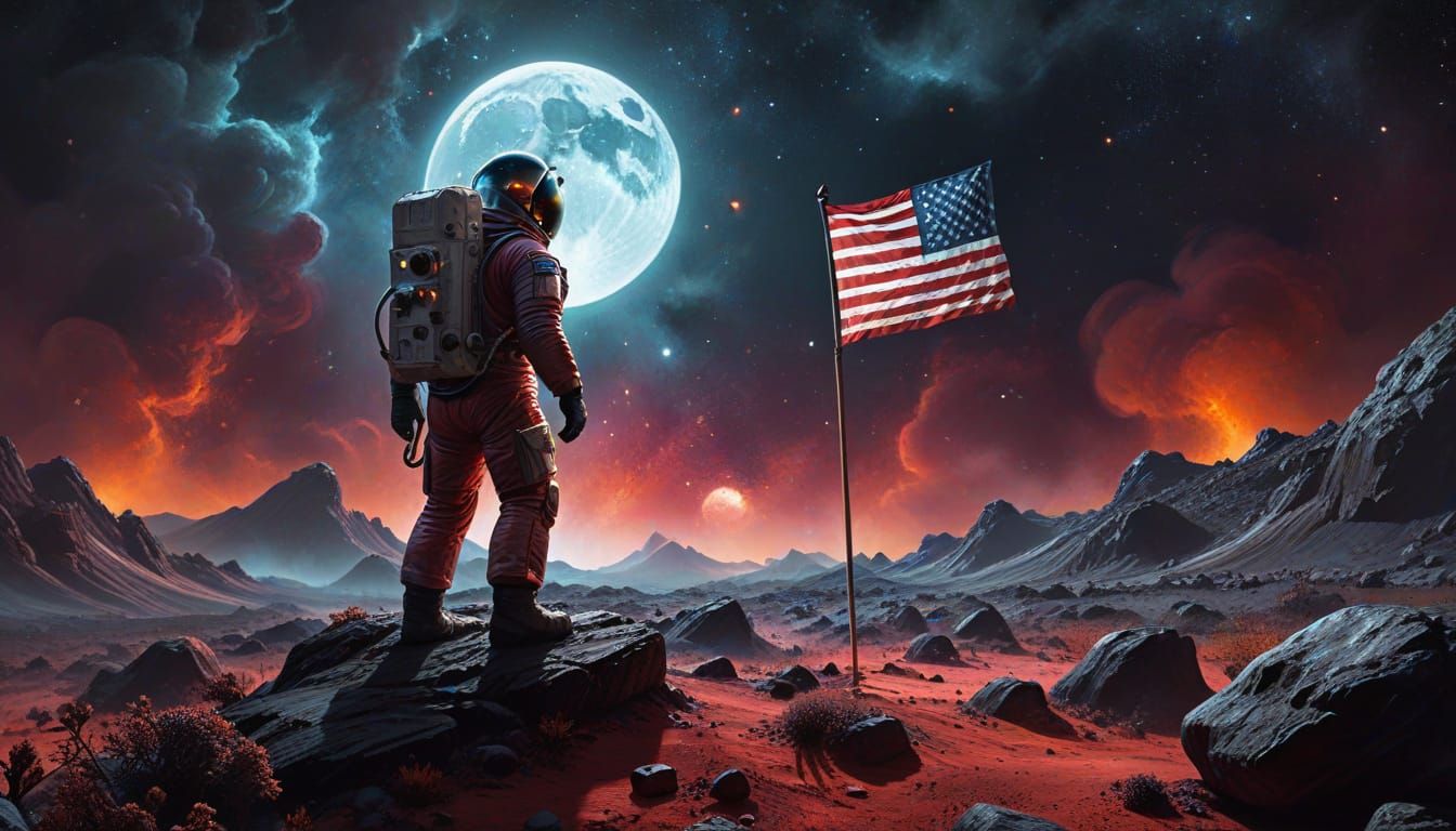 Astronaut Plants Flag on Crimson Moon: Sci-Fi Art