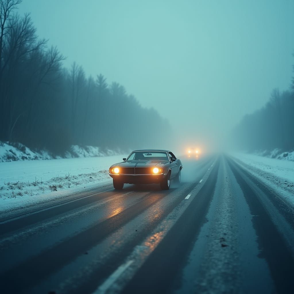 Abandoned Car on Frozen Highway in Cinematic Style