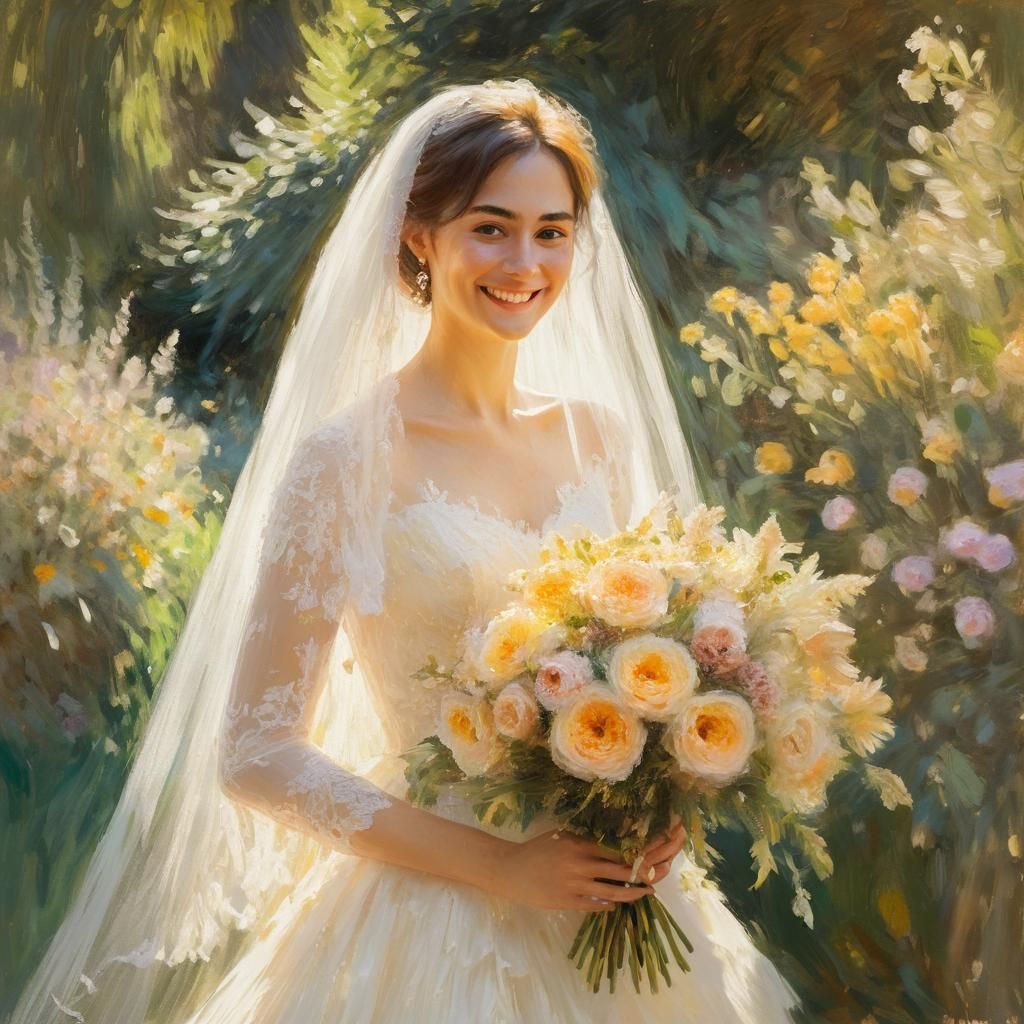 Happy Bride in Sunlit Garden, Impressionistic Style