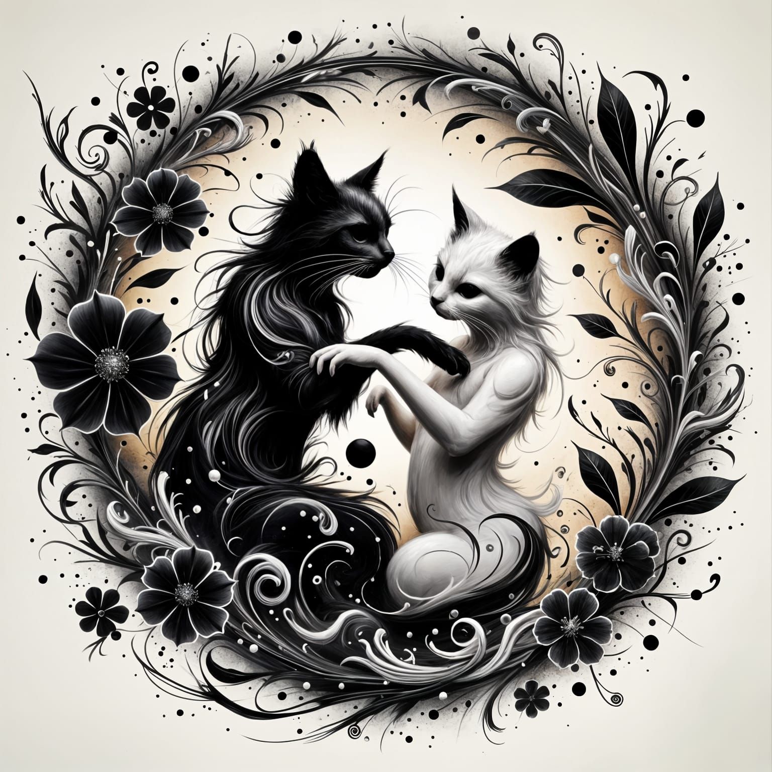 Black and White Cat Portraits in Abstract Art