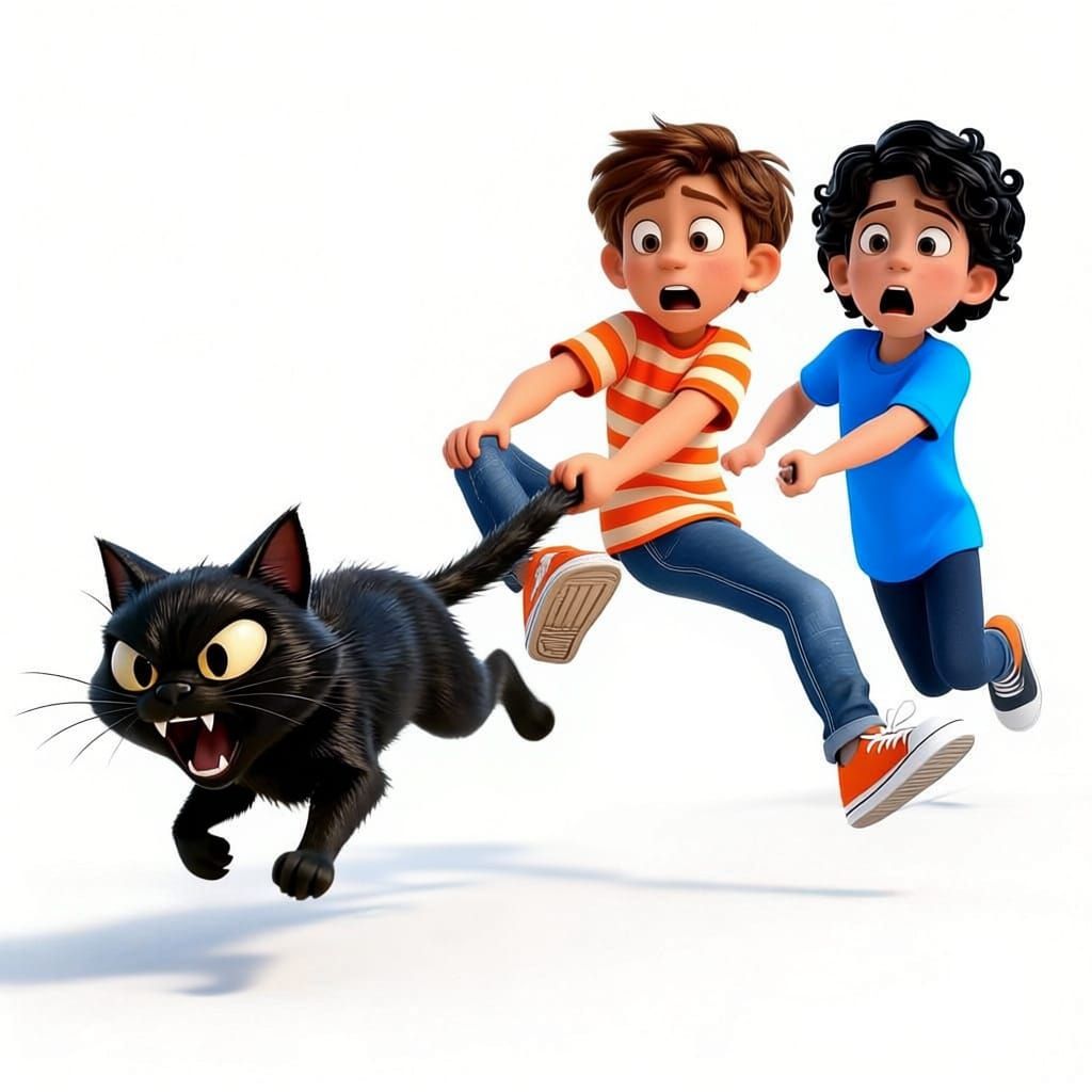 Pixar Style 3D Animation: Cat Pulls Boys in Chain
