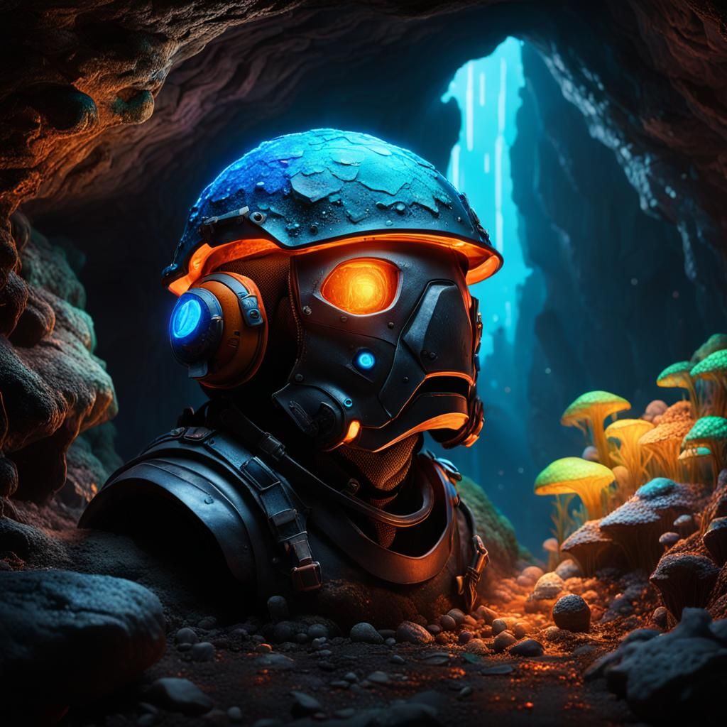 Hyperrealistic Caver Portrait in Glowing Cave