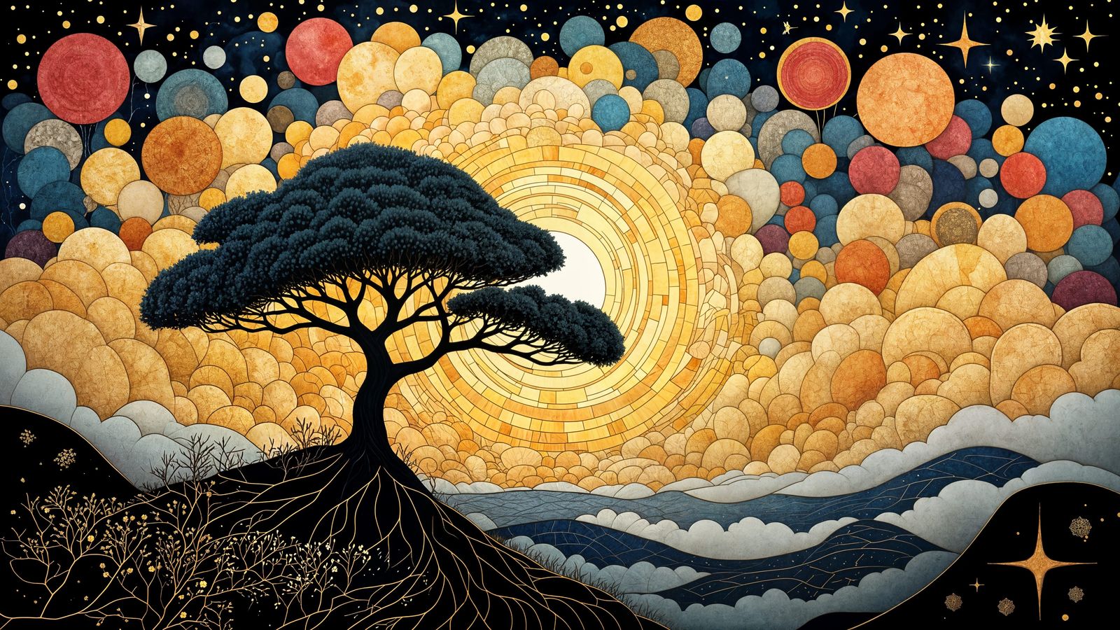 Celestial Tree in Stained Glass Sky