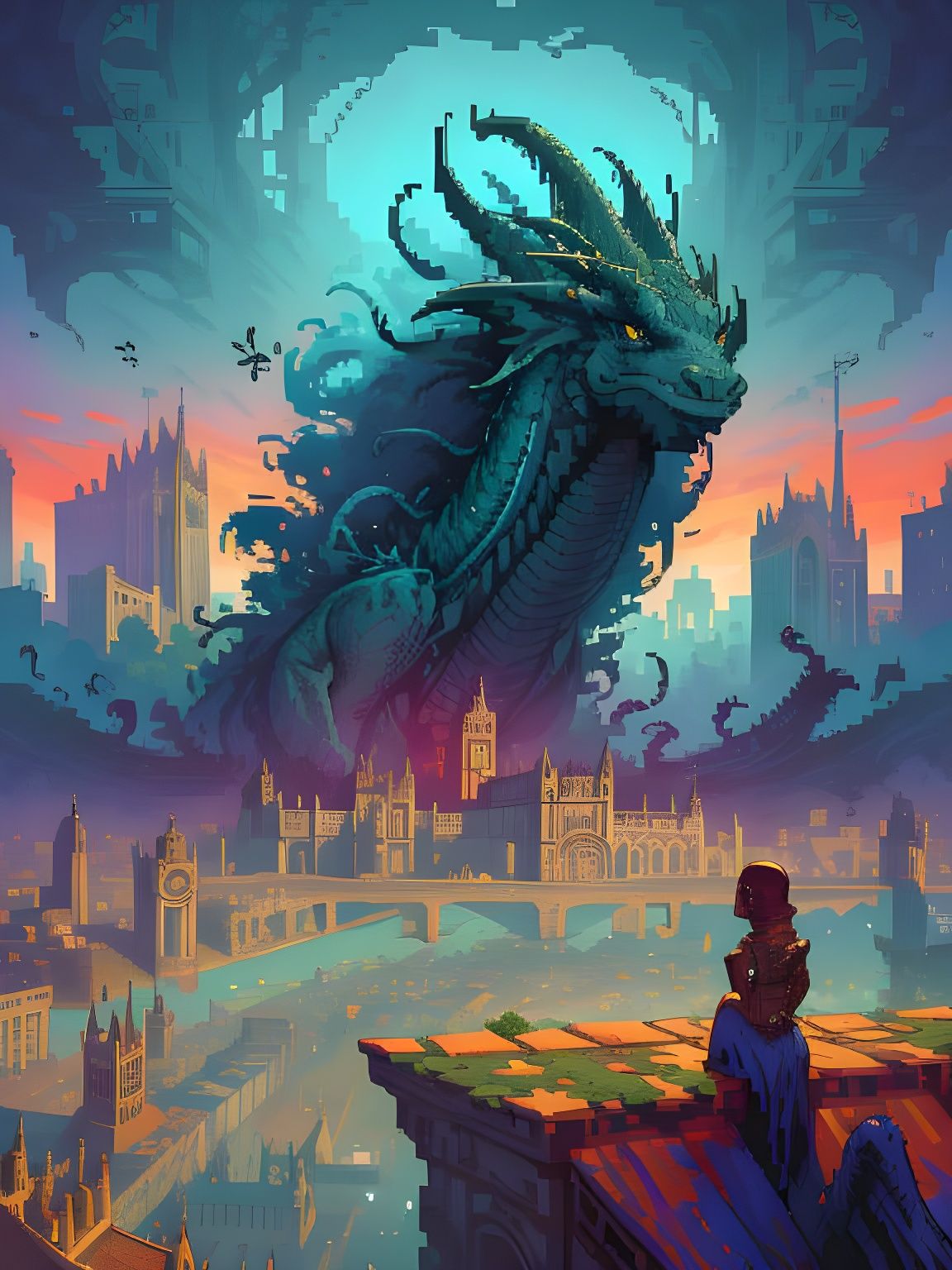 Dragon Over City in Pixel Art Style
