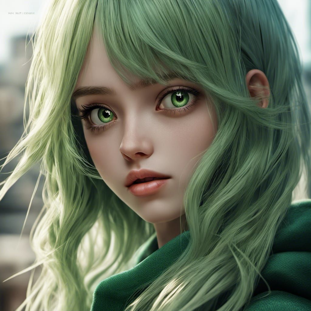 Realistic Anime Girl with Green Hair