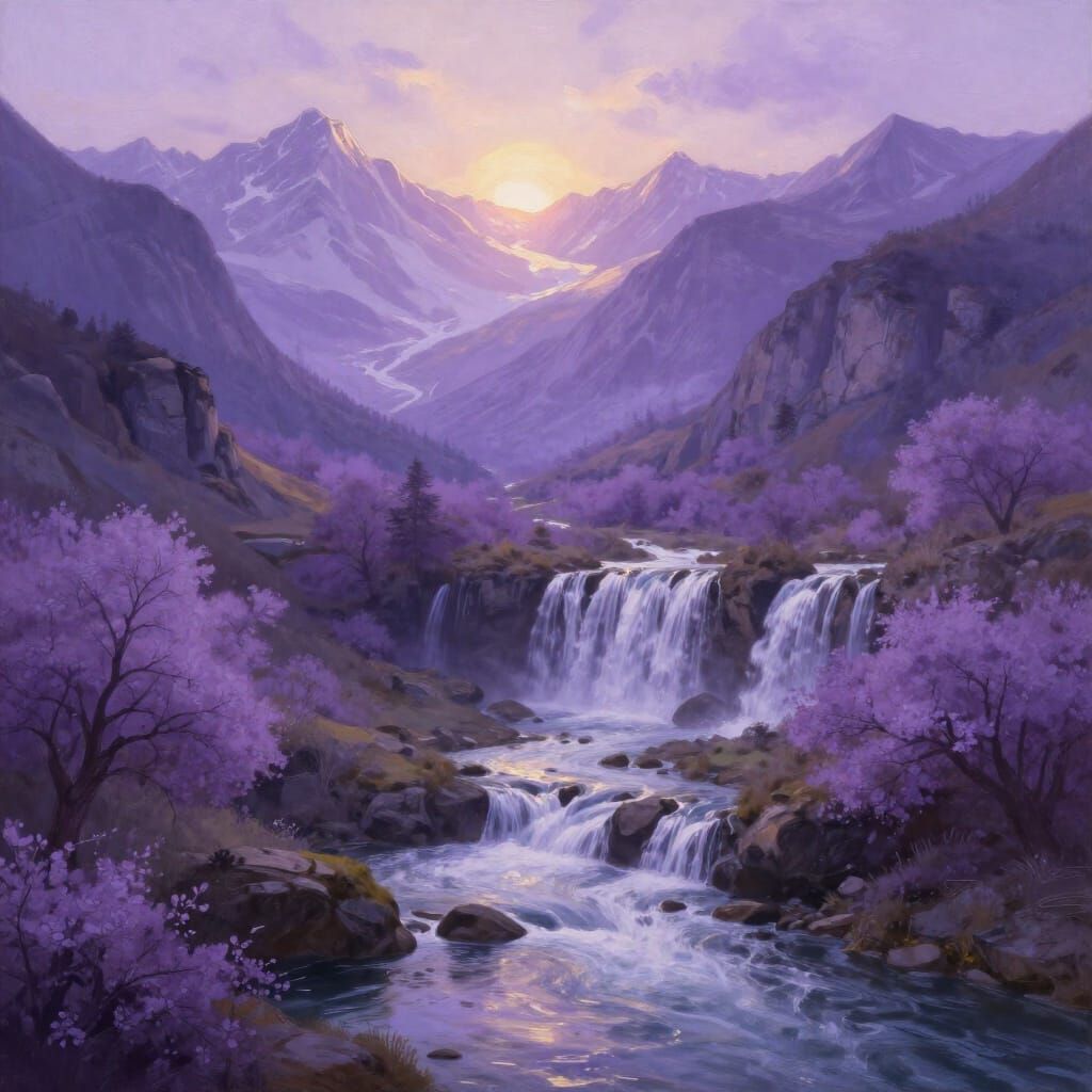 Violet Mountain Valley With Waterfalls and Sunlit Peaks