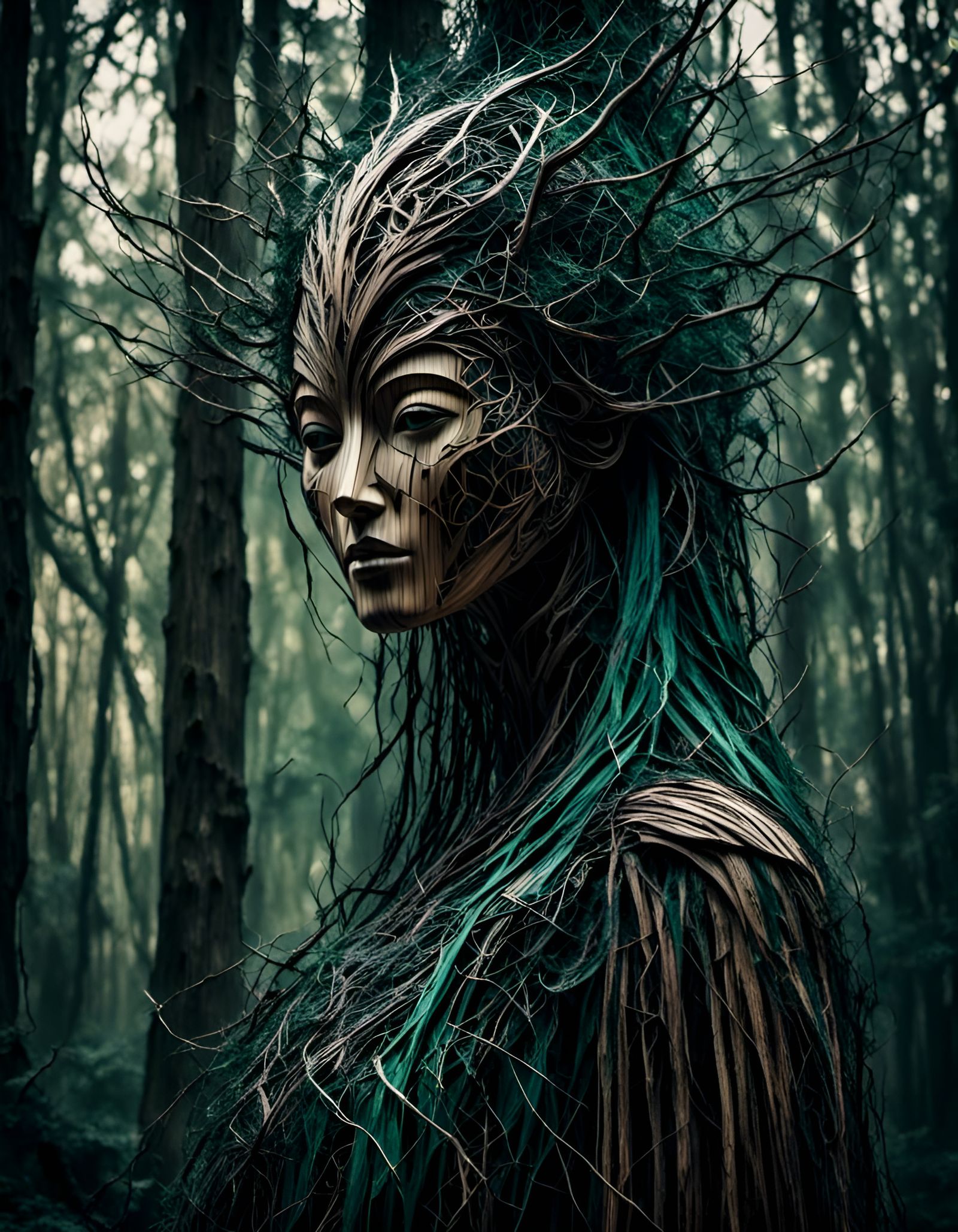 Wooden Dryad Statue with Illuminated Eyes