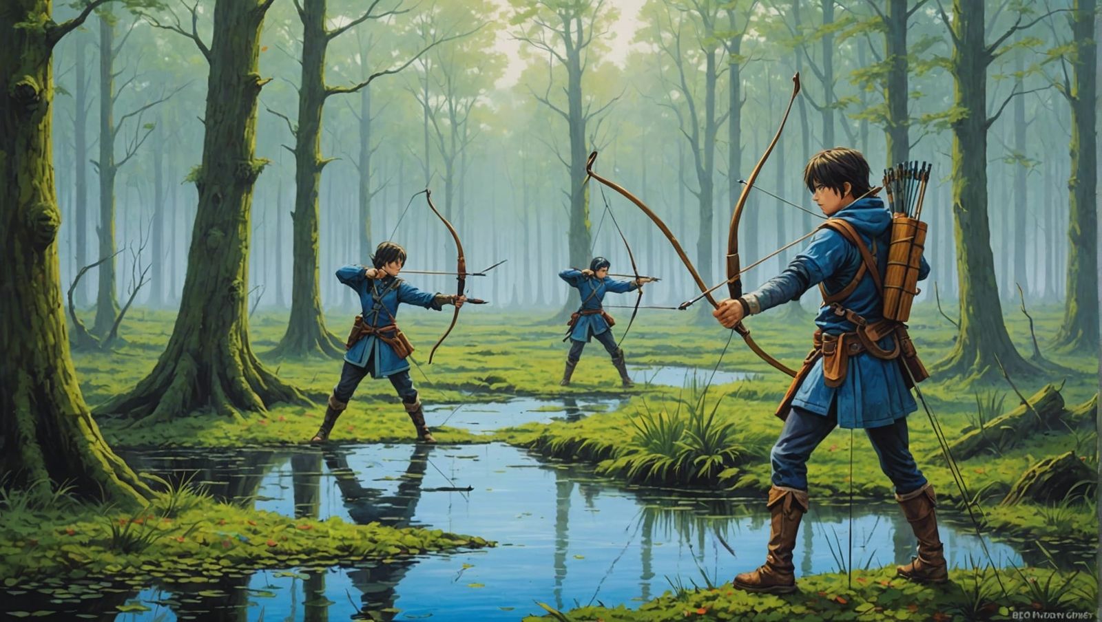 Anime Archery Competition in Misty Swamp: Pointillism Action