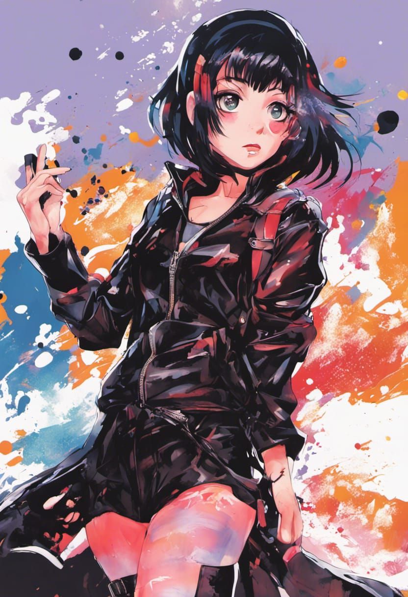 Voluptuous Goth Girl in Anime Graffiti Style