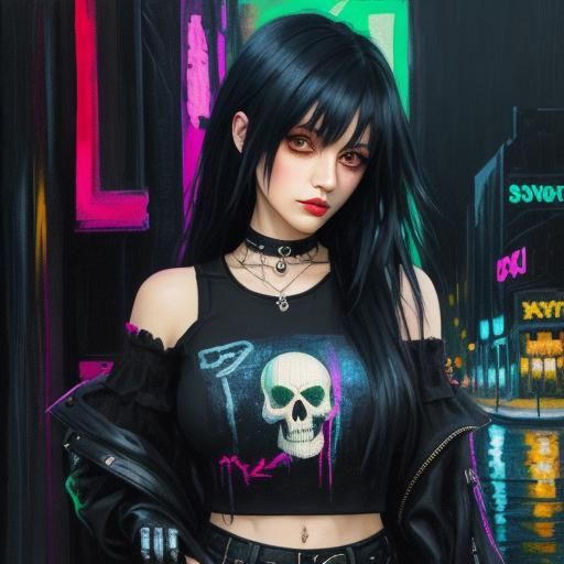 Cute Emo girl wearing a cute Emo girl revealing outfit holding a gothic skull in her hand background in a neon cityscape