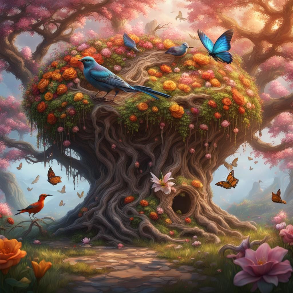 Rainbow Blossom Tree with Birds and Butterflies