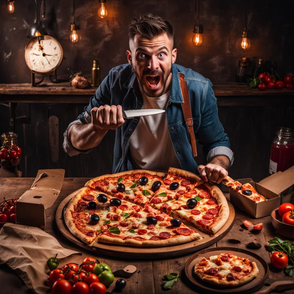 Man with Pizza and Knife: A Photo