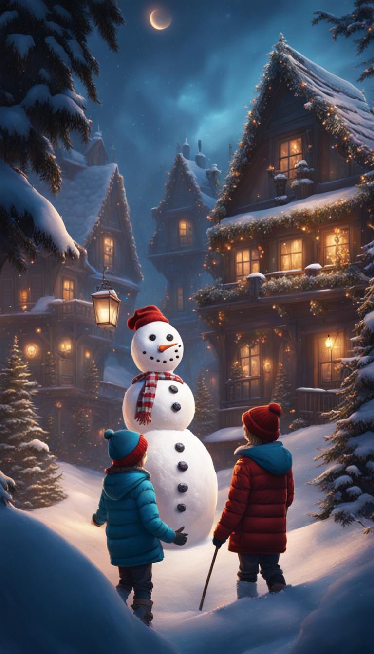 Children Building a Snowman in Winter Wonderland
