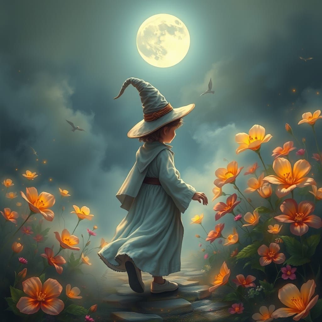 Under the full moon, a little magician walks among flowers, wrapped in the mystery of the night