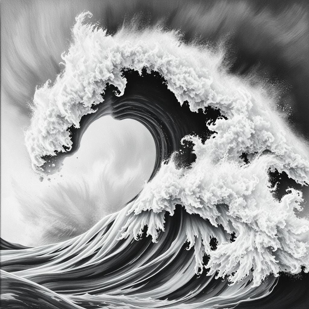 Hyperdetailed Charcoal Drawing of a Tidal Wave